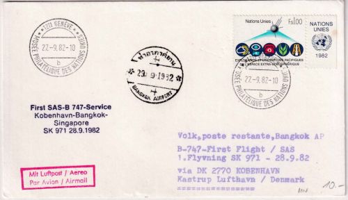 UNO Genf - SAS Firstflight Kopenhagen Bangkok 1982 Zuleitungspost