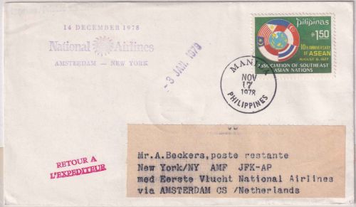 Philippinen - National Airlines 1stflight Amsterdam New York 1978 Zuleitungspost