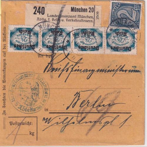 DR-Infla - 4x2 1/2 M. By-Abschied/Dienst ua Paketkarte Selbstbucher München 1922