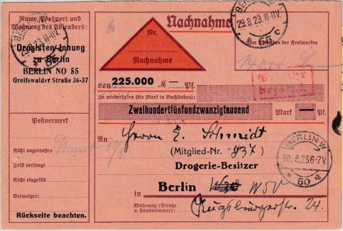 DR-Infla - Berlin NO 55 29.8.23 roter Ra2 Gebühr bezahlt Orts-Nachnahmekarte