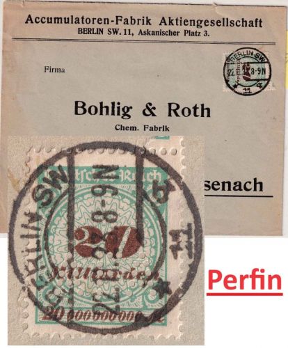 DR-Infla - 20 Mrd. Korbdeckel Perfin "AFA" Brief Berlin - Eisenach 22.11.23