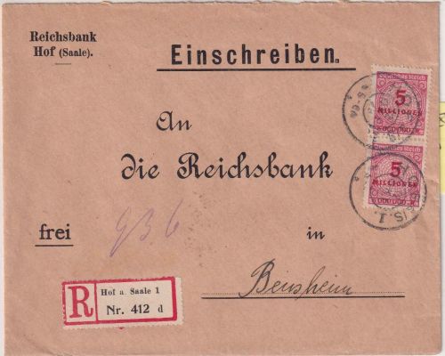 DR-Infla - 2x5 Mio. Korbdeckel Einschreibebrief Hof - Bensheim 12.10.23