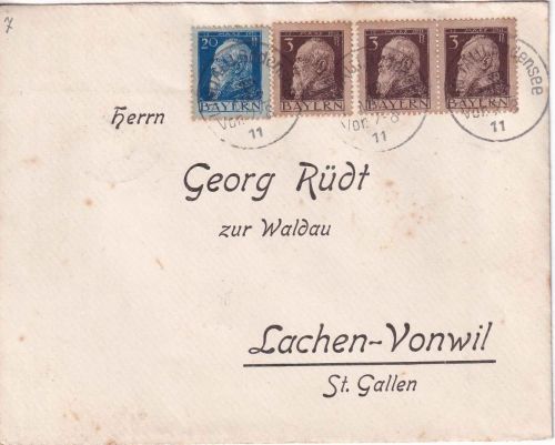 Bayern - 20+3x3 Pfg. Luitpold Brief/Grenzverkehr i.d. SCHWEIZ Lindau Lachen 1911