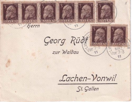 Bayern - 8x3 Pfg. Luitpold Brief/Grenzverkehr i.d. SCHWEIZ Lindau - Lachen 1911