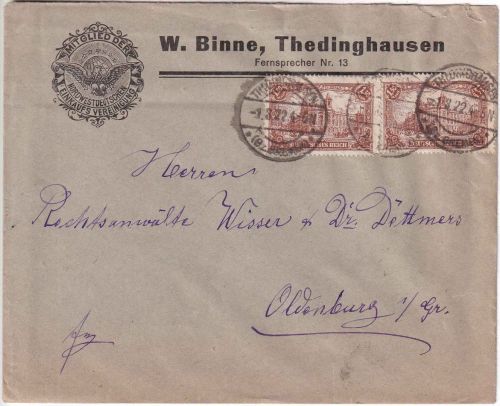 DR - 2x1,50 M. Reichspostamt Firmenbrief Thedinghausen - Oldenburg 1.8.22