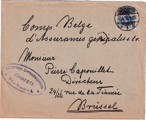 DR - 20 Pfg. Germania Brief ins besetzte BELGIEN Cuxhaven - Brüssel 1918