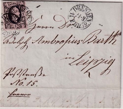 Sachsen - 1 Ngr. Fr. August II. Brief K2 Dresden - Leipzig 11. FEB 1852