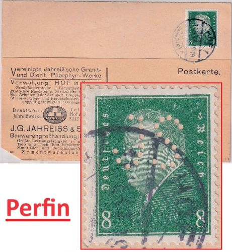 DR - 8 Pfg. Ebert Perfin "JS" Firmenkarte Hof - Wasserburg 1930