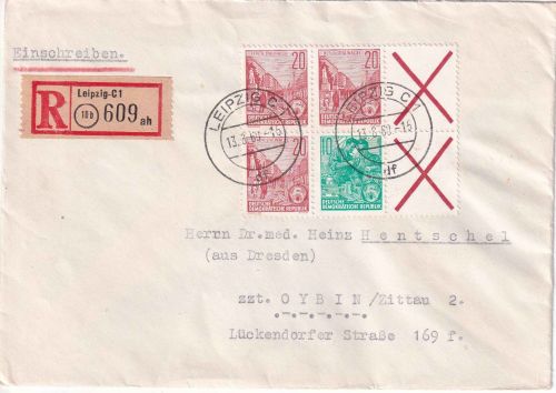 DDR - 5-J-Plan Zusammendruck ex MHB Einschreibebrief Leipzig - Oybin 1960
