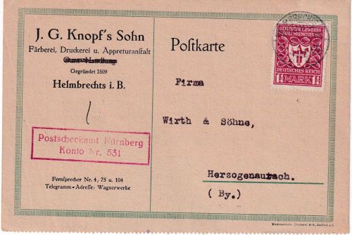 DR-Infla - 1 1/4 M. Gewerbeschau d-Farbe (!) Karte Helmbrechts 31.5.22