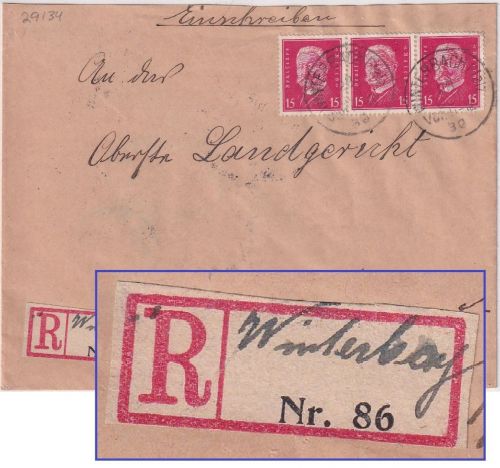 DR - 3x15 Pfg. Hindenburg Einschreibebrief Winterbach - München 1930
