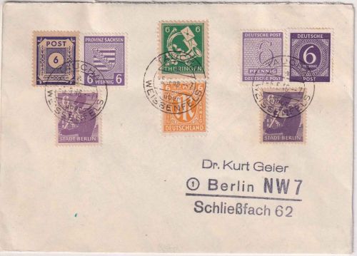 All.Bes./SBZ/AM-Post - Zonen-Mischfrankatur Brief Taucha ü. Weissenfels 5.5.46