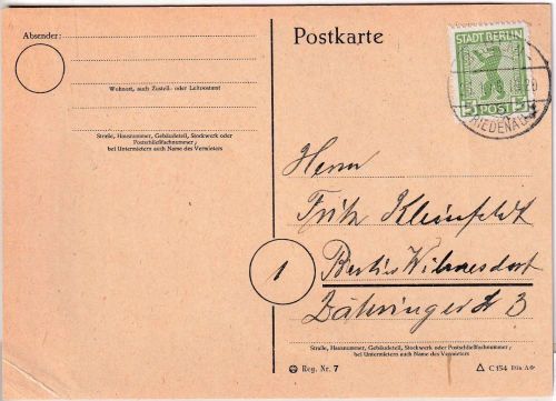 SBZ/Berlin-Brandbg. - 5 Pfg. dst. Ortskarte (Postamt) Berlin-Friedenau 26.1.46