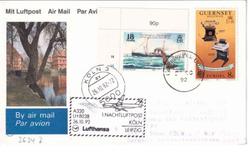 Guernsey - Zuleitungspost 1. Nachluftpost Köln - Leipzig 1992