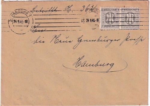 AM-Post - 4 Pfg. waagr. Paar amerik. Druck Ortsbrief Hamburg 24.9.45