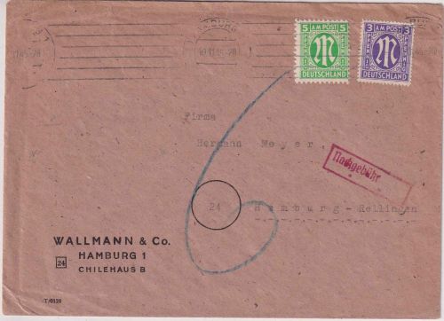AM-Post - 3+5 Pfg. amerik. Druck Brief Hamburg - Rellingen 10.11.45 Nachporto