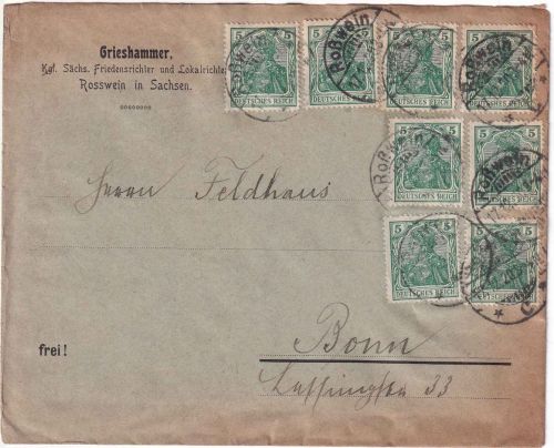DR - 8x5 Pfg. Germania Firmenbrief Roßwein - Bonn 1920