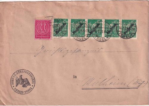 DR-Infla - 5x40 M. Schnitter/Dienst u.a. Dienstbrief Berlin-Tegel - Mülheim 1923