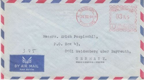 Thailand - 3,85 Dh. Postfreistempel Luftpostbrief Bangkok - Weidenberg 1964