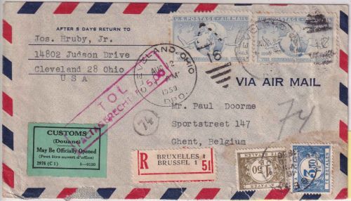 USA - 2x15 C. UPU airmail to BELGIUM Cleveland - Gent 1950 postage due