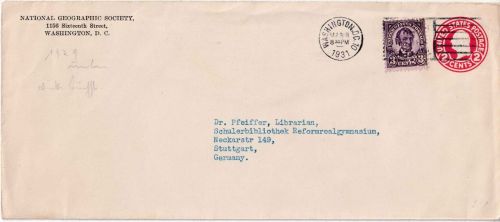 USA - 2 C. uprated stationery env. National Geographic society Washington 1931