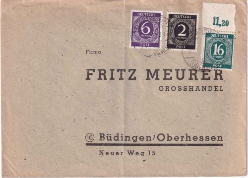 All.Bes./Kontrollrat - 16 Pfg. Ziffer Oberrand/Platte u.a. Brief Reichelsheim