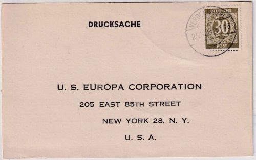 All.Bes./Kontrollrat - 30 Pfg. Ziffer Karte n.USA Verden - New York 23.10.47