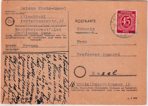 All.Bes./Kontrollrat - 45 Pfg. Ziffer Karte i.d. SCHWEIZ Leverkusen IG-Werk 1947