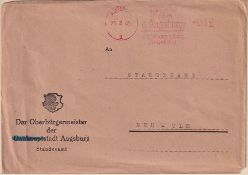 All.Bes./Kontrollrat - Augsburg 21.8.45 apt. 12 Pfg. AFS Brief/Oberbürgermeister