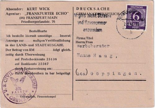 All.Bes./Kontrollrat - 6 Pfg. Ziffer Drucksache Frankfurt a/M. - Göppingen 1947