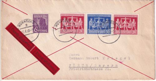 All.Bes./Kontrollrat - 50 Pfg. Hannover Expo u.a. Eilbrief Nürnberg 20.6.48