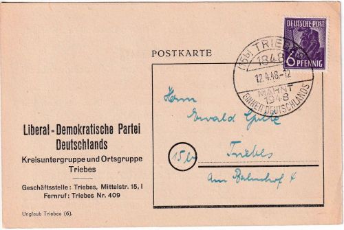 All.Bes./Kontrollrat - Triebes SST 1848 mahnt 1948 Ortsdrucksache Einladung LDP