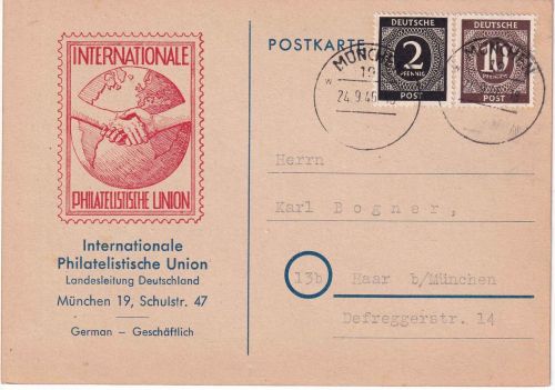 All.Bes./Kontrollrat - 2+10 Pfg. Ziffer Karte München 19 - Haar 1946