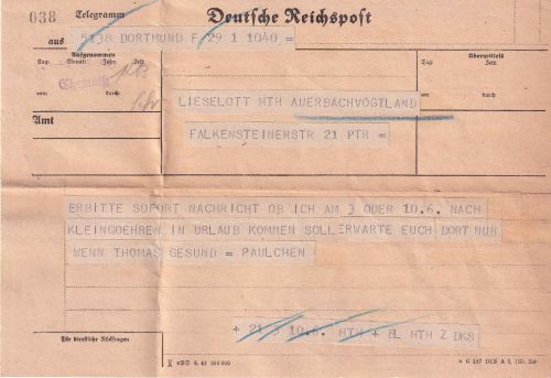 DR - Dortmund 1944 Telegramm über Chemnitz n. Auerbach/Vogtland