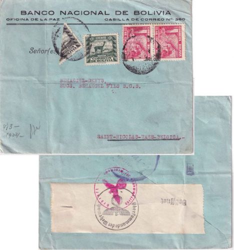 Bolivien - 10 C. Halbierung u.a. Zensurbrief n. BELGIEN La Paz 1941 (?)