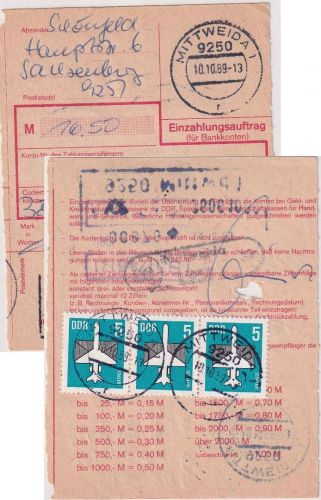DDR - 5 Pfg. Flugpostmarke 3er-Str. Einzahlungsauftrag Mittweida 1989