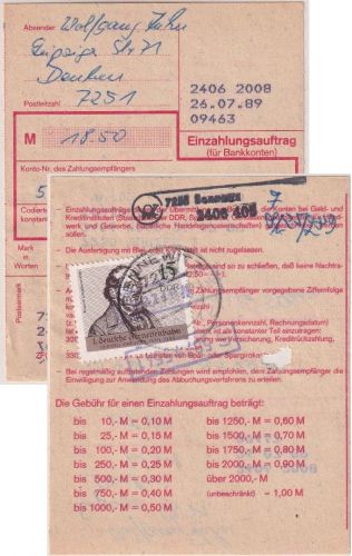 DDR - 15 Pfg. 150 J. Eisenbahn L-DD Einzahlungsauftrag Bennewitz/Wurzen 1989