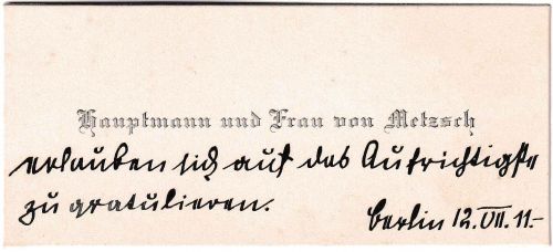 DR - Horst von Metsch Vistenkarte mit hds. Glückwünschen Berlin 1911