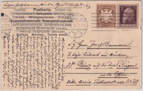 Bayern - 3+3 Pfg. Wappen/Luitpold wertstufengleiche MIF Karte München Binz 1911