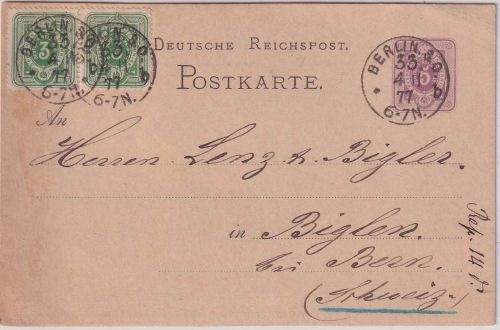 DR - 5 PfgE. Ganzsache + 2x3 PfgE. Zusatz Karte i.d. SCHWEIZ Berlin SO 33 1877
