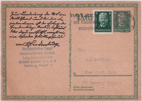 DR - 8 Pfg. Sonderganzsache 80. Geb. Hindenburg + bildgl. Zusatz n. USA 1927