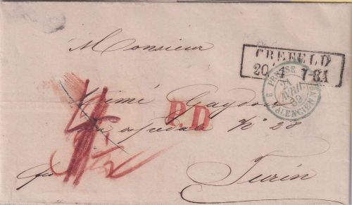 Preussen/Kgr. Sardinien - Crefeld 20/4 Ra2 Francobrief n. Turin 1859 - m. Inhalt
