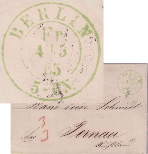 Preussen/Russland/Estland - Berlin Fr. grüner K2 Brief n. Pernau 1865