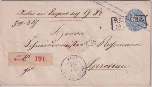 Preussen - 2 Sgr. Adler Ganzsache/Paketbegleitbrief Ra2 Rauscha 19/1 (1864)