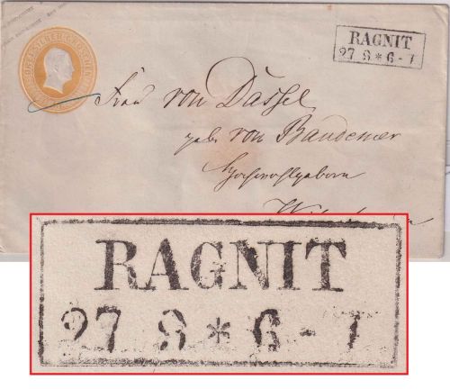 Preussen - 3 Sgr Wilhelm Ganzsache/Brief Ra2 Ragnit 27/8 - Weiterhagen (1856)