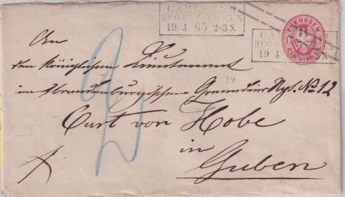 Preussen - 1 Sgr Adler Ganzsache/Brief Ra3 Carlsruh Reg.Bez. Oppeln 19.4.1865