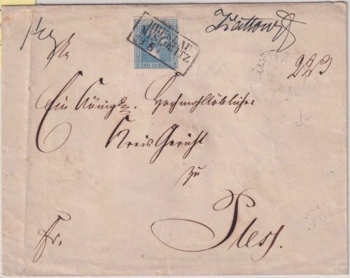 Preussen - 2 Sgr. Fr. Wilhelm Brief n. Pleß Bahnpost-Ra3 Breslau Myslowitz