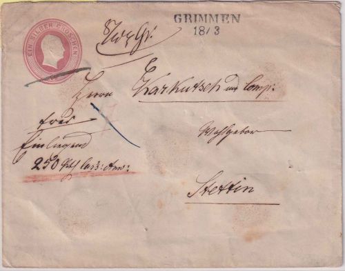 Preussen - Grimmen 18/3 Vorphila-L2 (!!) 1 Sgr. Ganzsache/Geldbrief n. Stettin