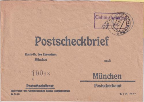 FZ - Scheidegg 29.6.47 Ra1 Gebühr bezahlt Postscheckbrief n. München