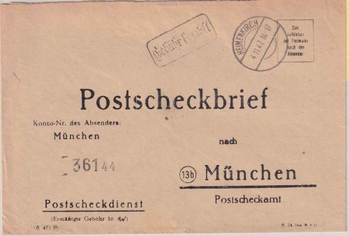 FZ - Heimenkirch 4.11.47 Ra1 Gebühr bezahlt Postscheckbrief n. München